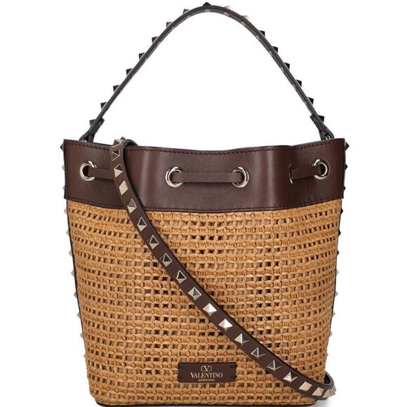 Valentino Garavani Rockstuf Raffia Effect Bucket Bag Tobacco / Cacao NWT - Picture 5 of 7